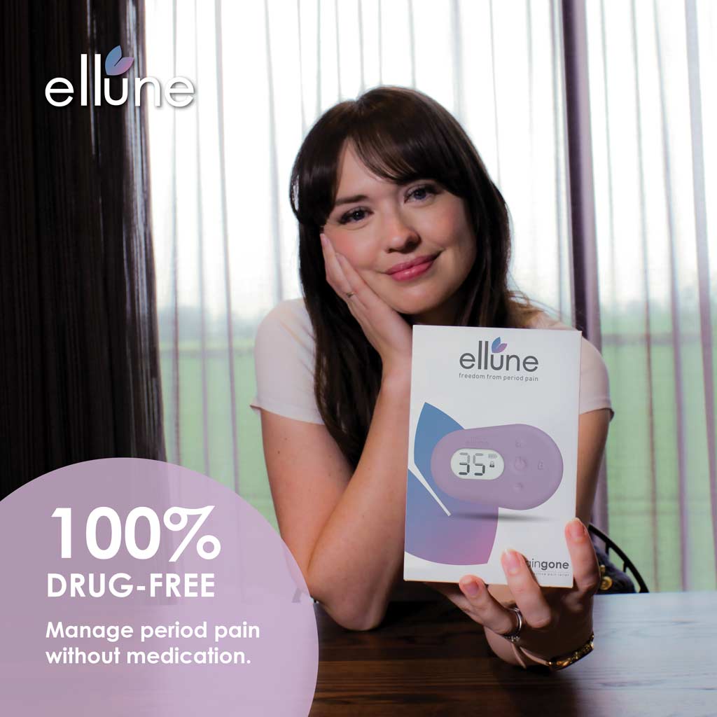Woman showing the Ellune box with the message "Manage period pain without medication."