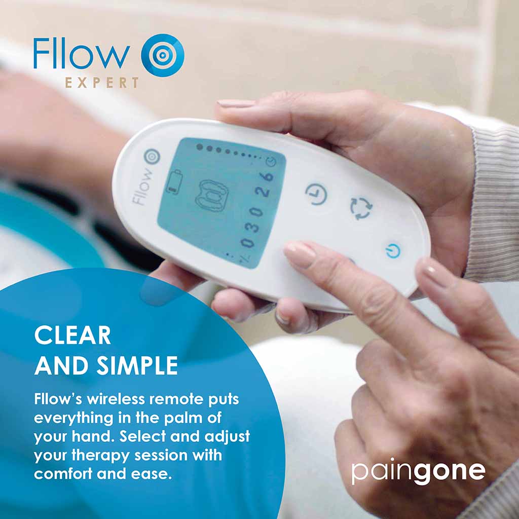 Image of the Fllow remote with the message "Fllow's wireless remote puts everything in the palm of your hand. Select and adjust your therapy session with comfort and ease."