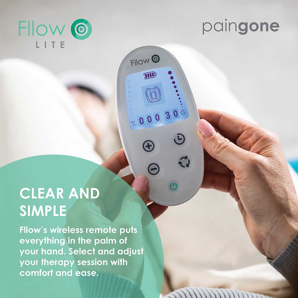 Person holding the Fllow remote with the message "Fllow's wireless remote puts everything in the palm of your hand. Select and adjust your therapy session with comfort and ease."