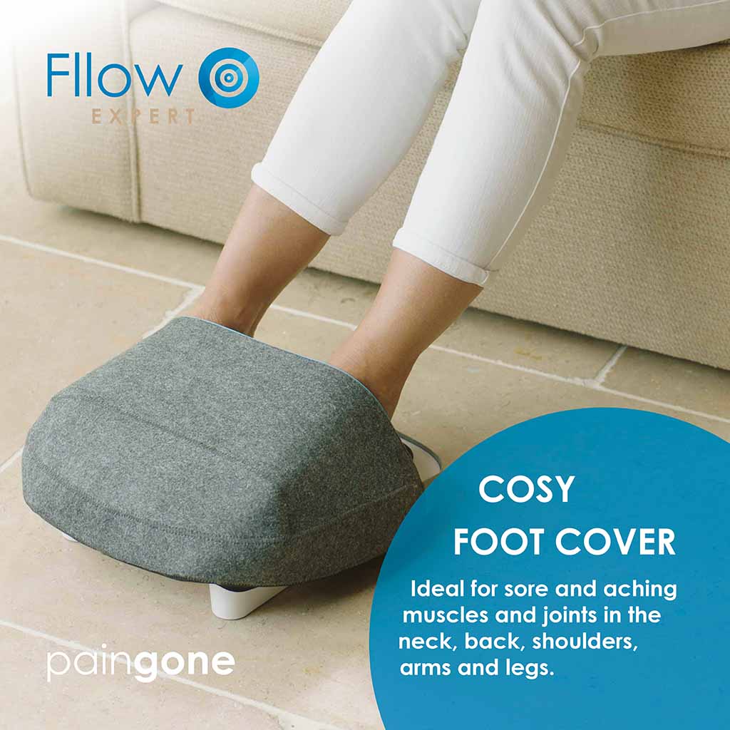 Image of a person using the Fllow device with the foot cover with the "Ideal for sore and aching muscles and joints in the neck, back, shoulders, arms and legs." message