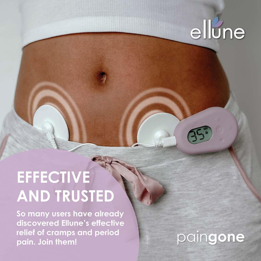Ellune used on the abdomen with pulsating rings with the message "So many users have already discovered Ellune's effective relief of cramps and period pain. Join them!"