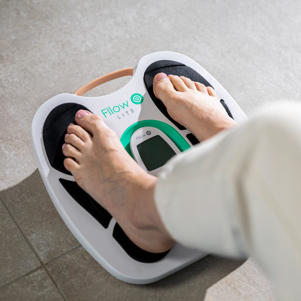 Fllow Lite mains powered, remote-controlled device that delivers calibrated stimulation to feet and legs.