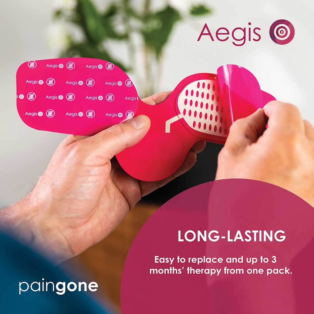 Person applying Aegis pads with teh message "Paingone Aegis pads are replaceable, long lasting pads that last up to 3 months."