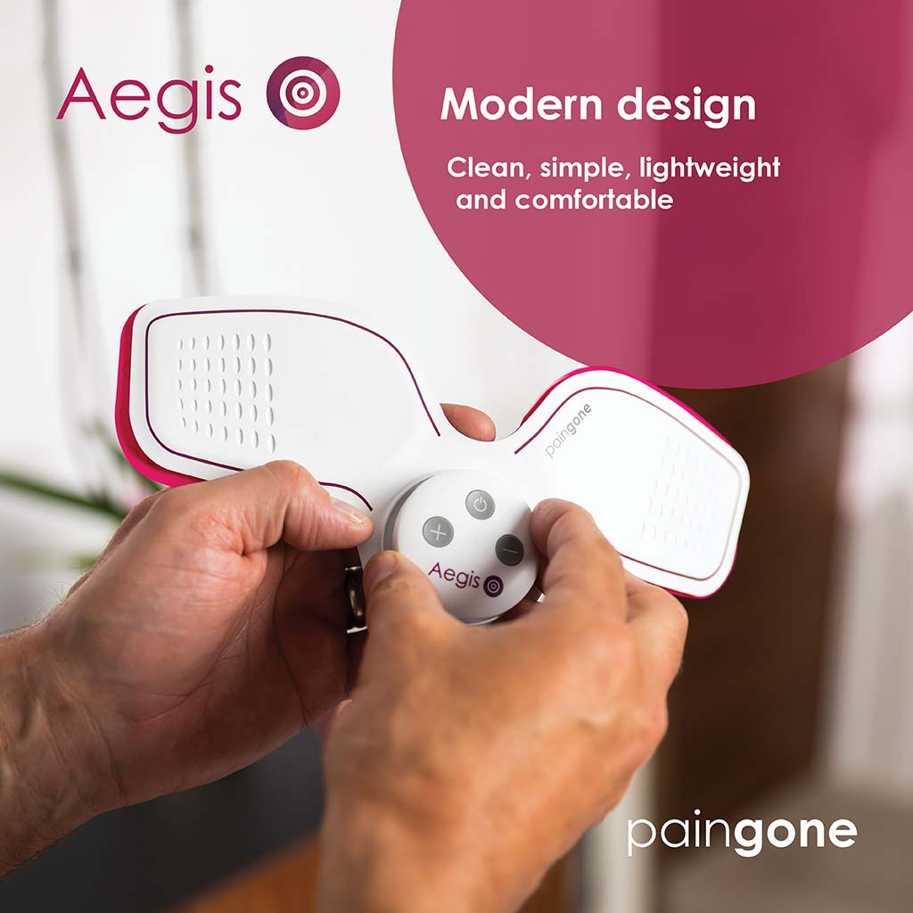 Person holding Paingone Aegis device with the message "Aegis has a modern design that is compact and lightweight for comfort"