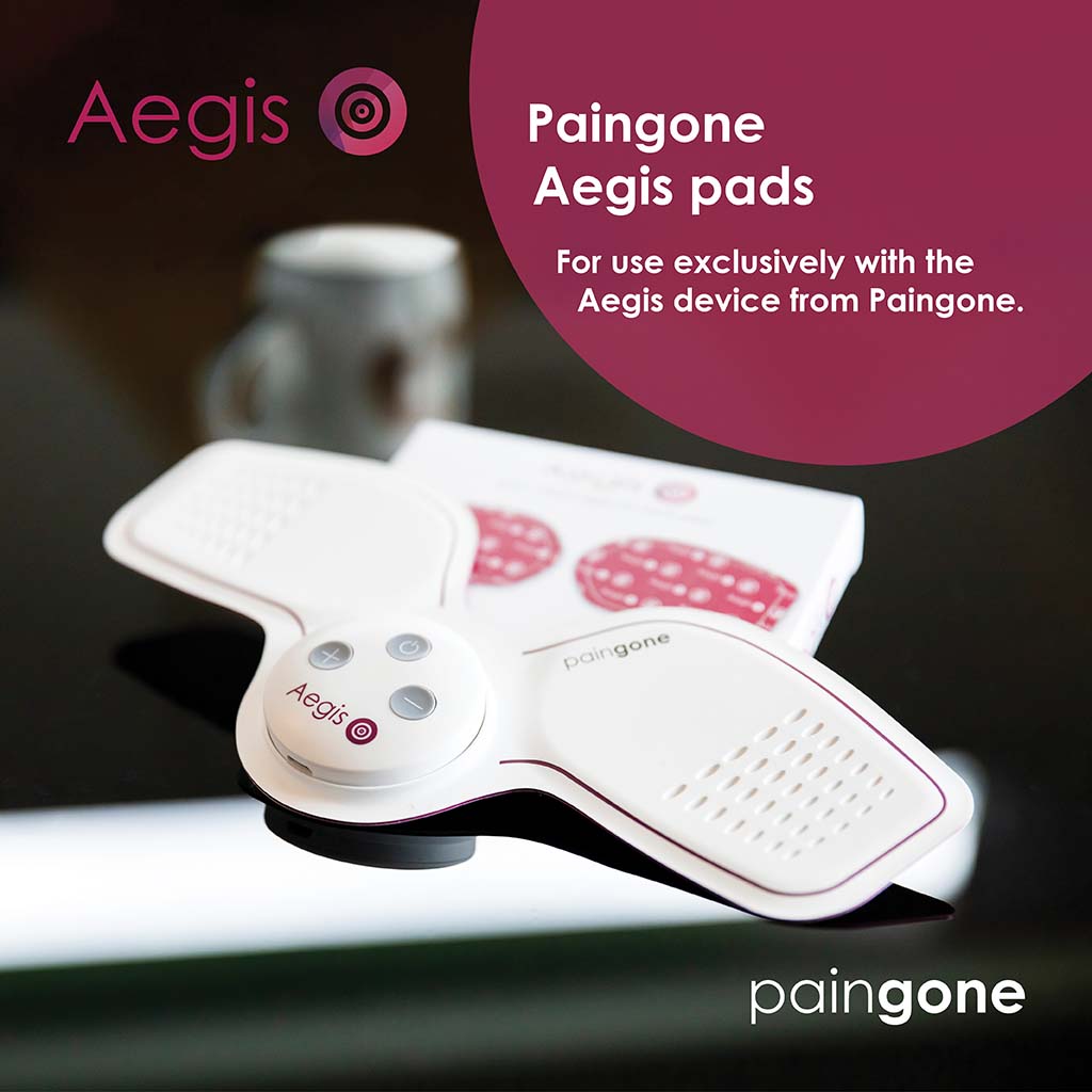 Paingone Aegis device with Aegis pads box in the background with the message "Paingone Aegis pads are to be used exclusively with the Paingone Aegis device"