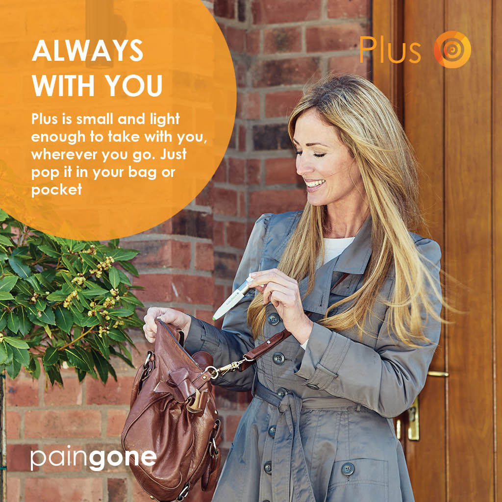 Image of a woman putting the Paingone Plus pen in her bag while smiling with the "Always with you" tagline