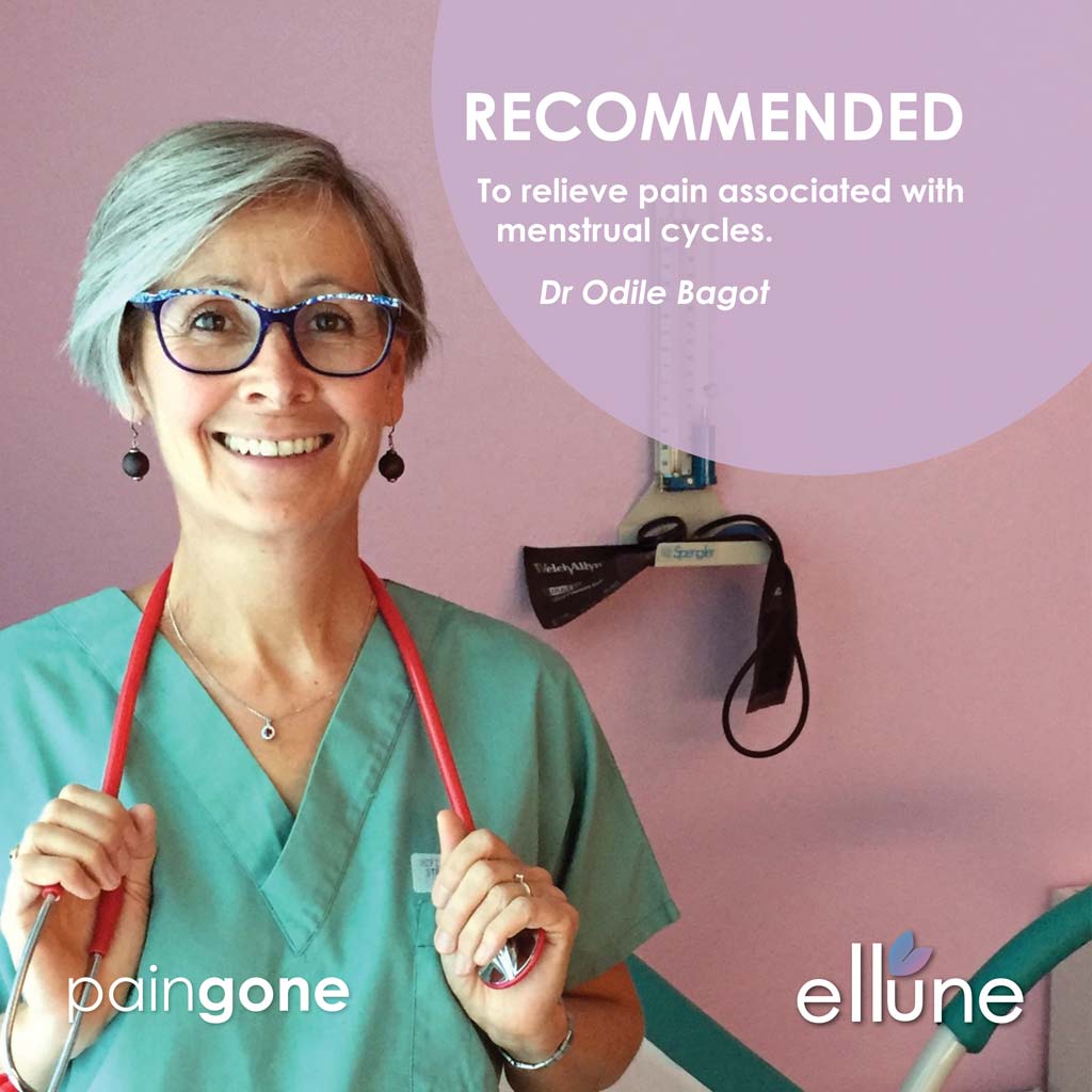 Doctor with a stethoscope around the neck with the message "To relieve pain associated with menstrual cycles." Dr Odile Bagot