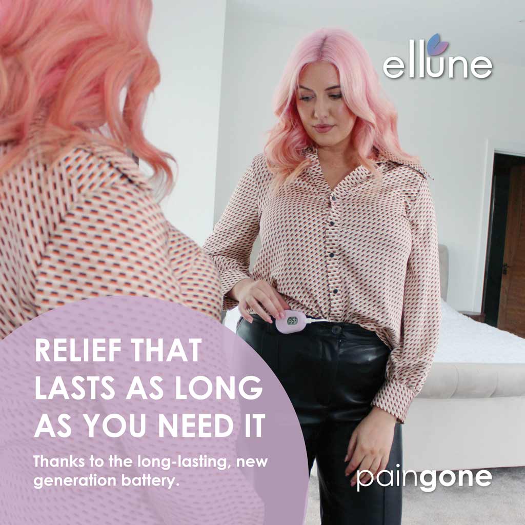 Woman using the Ellune product while looking at herself in the mirror with the message "Thanks to the long-lasting, new generation battery."