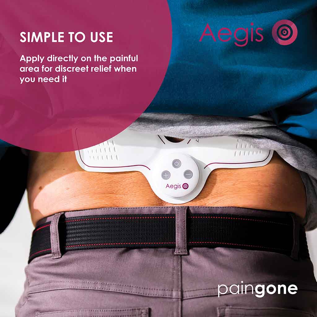 Paingone Aegis device on the back with the message "Aegis is simple to use. just apply directly on back and activate for discreet relief"