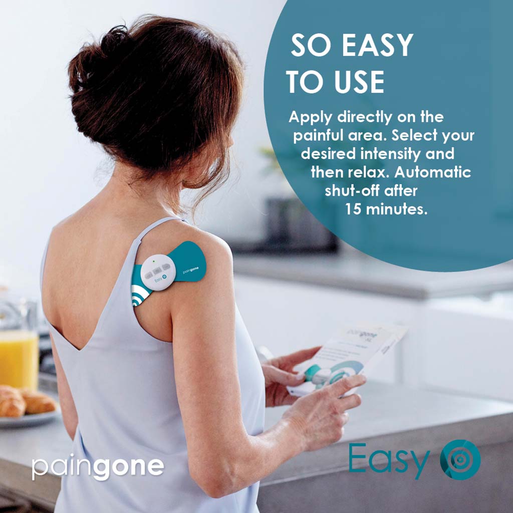 Woman using the Paingone Aegis device on the shoulder with the message "Apply directly on the painful area. Select your desired intensity and then relax. Automatic shut-off after 15 minutes."