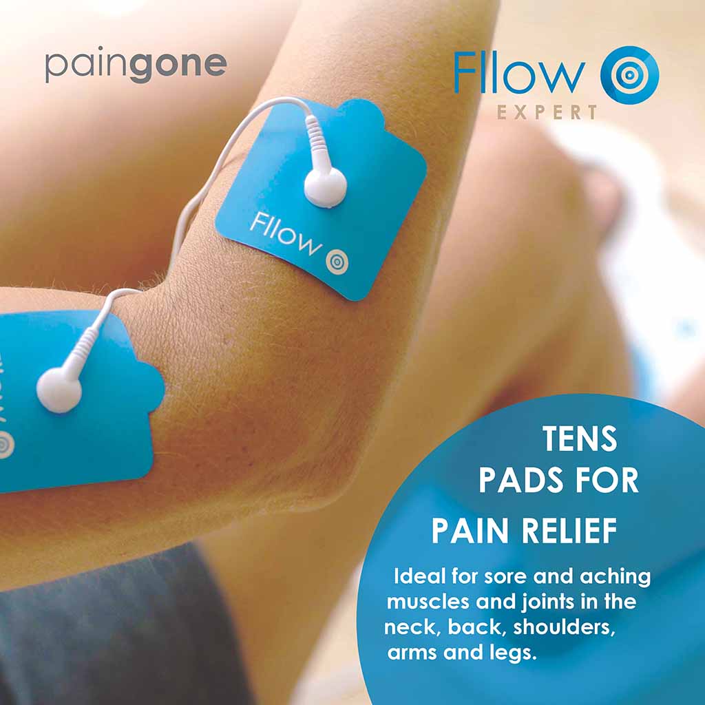 Image of the Fllow Expert TENS pads with the "Ideal for sore and aching muscles and joints in the neck, back, shoulders, arms and legs." message