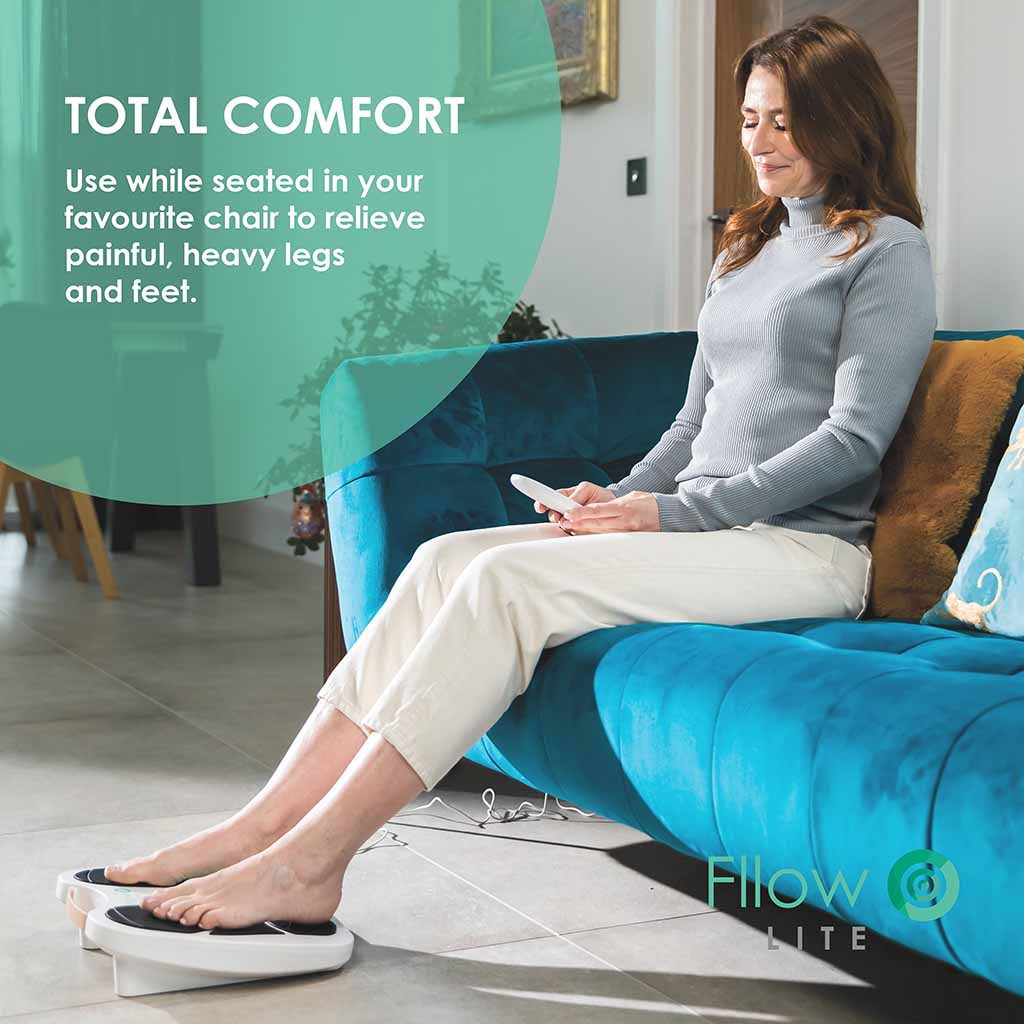 Woman using the Fllow Lite device with the message "Use while seated in your favourite chair to relieve painful, heavy legs and feet"