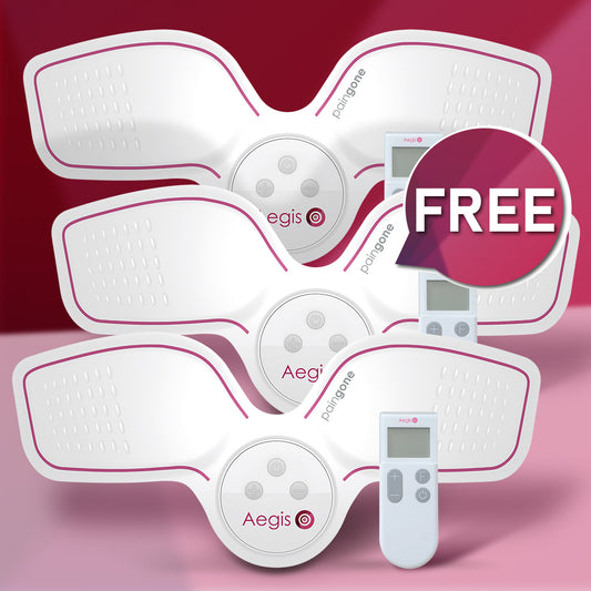 Image of three Paingone Aegis products with remote controls for a buy two get one free offer