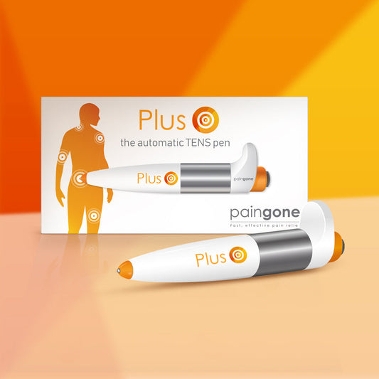 Product image of Paingone Plus pen and its box behind it