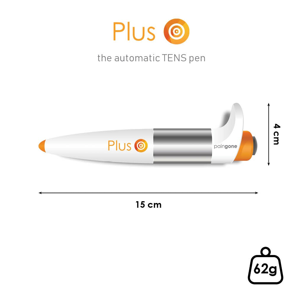 The Paingone Plus pen is 4 centimetres in height, 15 centimetres in length and 62 grams in weight