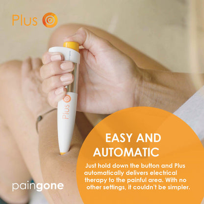 Image of a person using the Paingone Plus pen on their arm with the "Easy and Automatic" message