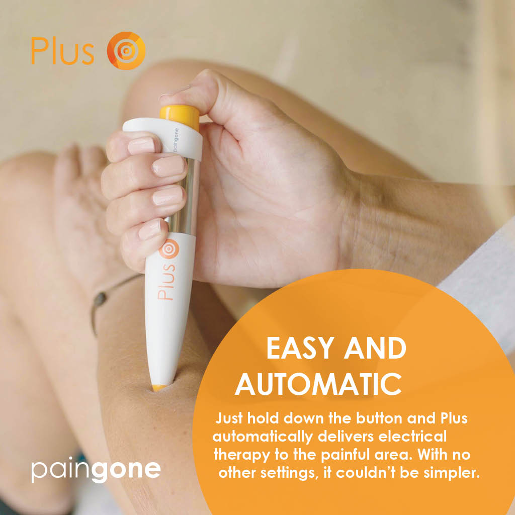 Image of a person using the Paingone Plus pen on the arm with the message "Paingone Plus is easy and automatic, just press & hold on the affected area"