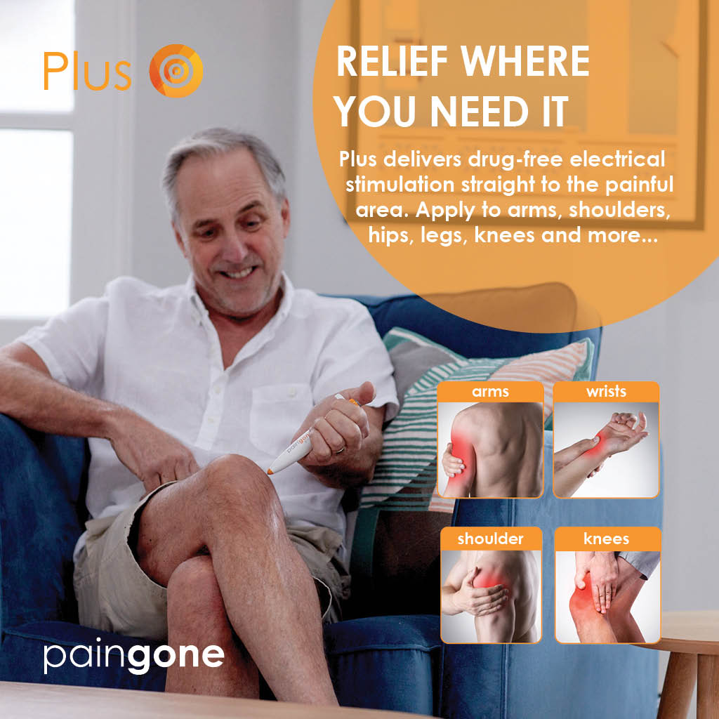 Image of a man using the Paingone Plus pen on his knee while smiling, with images of the other areas where it can be used: arms, wrists, shoulder and knees with the "Relief where you need it most" message.