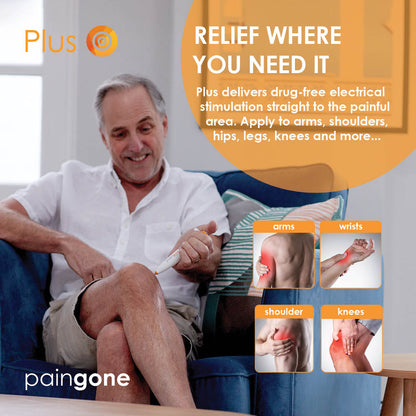Image of a man using the Paingone Plus pen on his knee while smiling, with images of the other areas where it can be used: arms, wrists, shoulder and knees with the "Relief where you need it most" message.